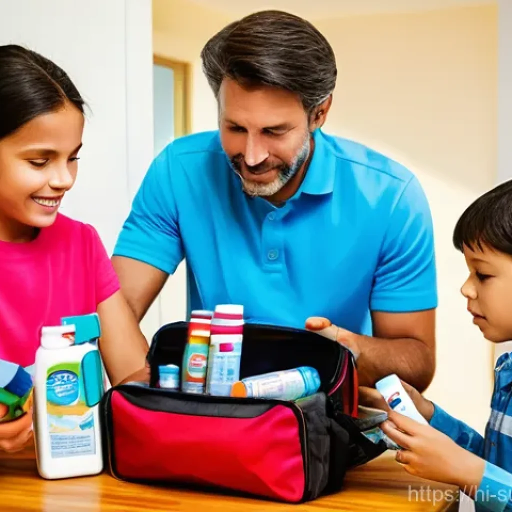 재난 발생 시 응급처치법 - **Image Prompt: Family Disaster Preparedness Kit Check**
A bright and organized scene featuring ...