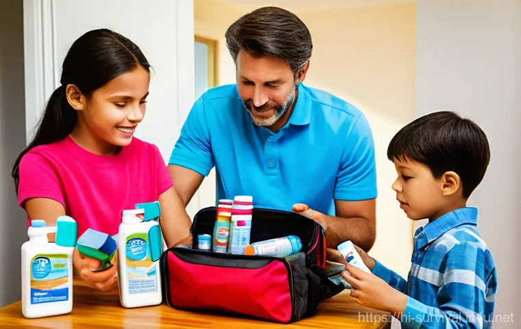 재난 발생 시 응급처치법 - **Image Prompt: Family Disaster Preparedness Kit Check**
A bright and organized scene featuring ...