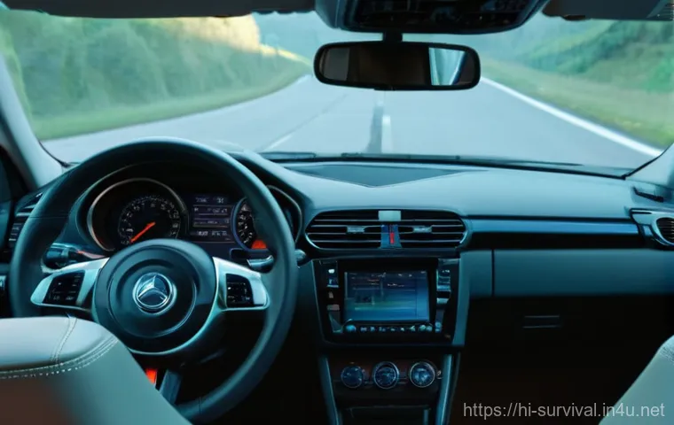 자동차 화재 발생 시 대처법 - **Prompt 1: Early Warning Signs and Calm Assessment**
"A realistic, close-up interior shot of a ...