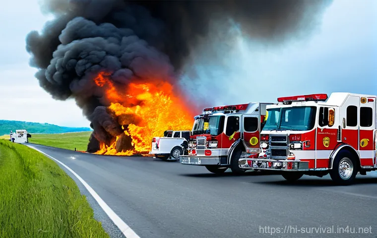 자동차 화재 발생 시 대처법 - **Prompt 2: Safe Family Evacuation from a Smoking Vehicle**
    "A dynamic, medium-shot image depict...