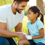 부상 후 응급처치 시간 관리 - **Prompt 1: Calming a Child's Minor Injury**
"A compassionate adult, appearing calm and reassuri...