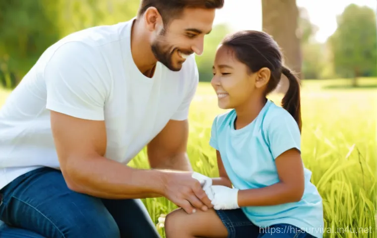 부상 후 응급처치 시간 관리 - **Prompt 1: Calming a Child's Minor Injury**
"A compassionate adult, appearing calm and reassuri...