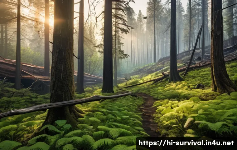 자연 재해로 인한 환경 복구 - **Prompt:** "A breathtaking wide-angle shot of a forest landscape demonstrating nature's profound re...