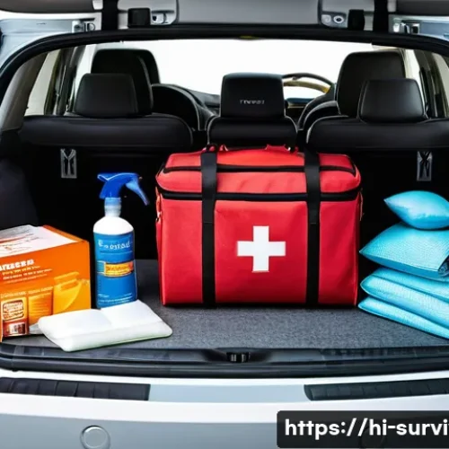 Home 22 차량 내 생존용품 - **Prompt:** A well-organized car trunk filled with essential emergency items for a road trip. On one...
