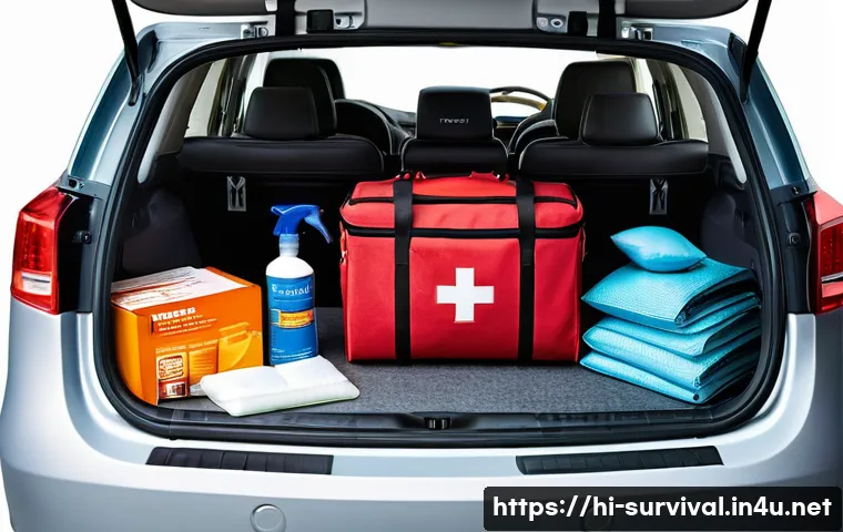 차량 내 생존용품 - **Prompt:** A well-organized car trunk filled with essential emergency items for a road trip. On one...