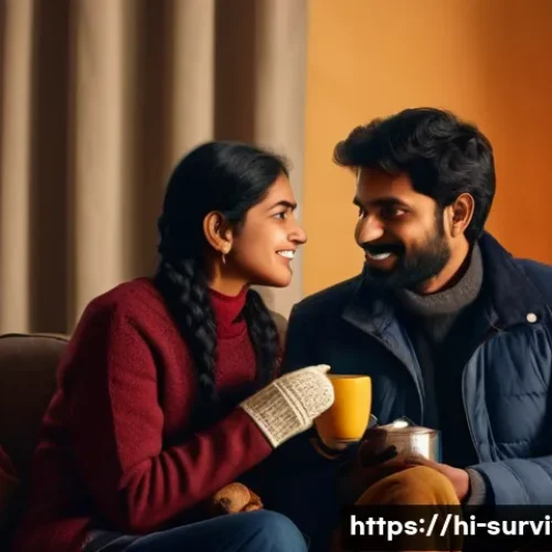 체온 유지 생존 팁 - A cozy indoor scene showing a Hindi-speaking family enjoying a winter evening together: the mother w...