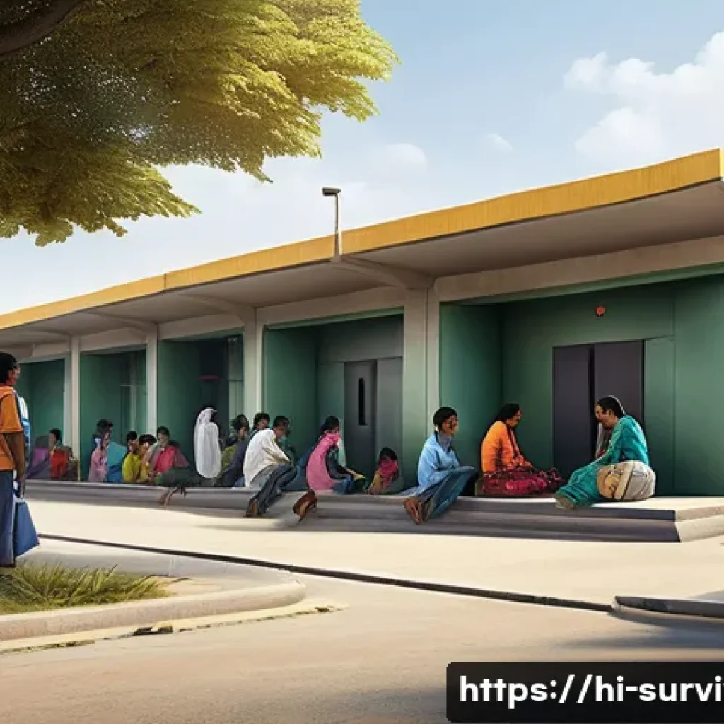 재난 발생 시 대피소 찾는 법 - A detailed, realistic depiction of a government emergency shelter in a semi-urban Indian setting dur...