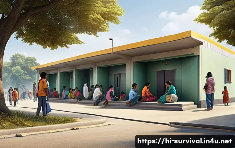 재난 발생 시 대피소 찾는 법 - A detailed, realistic depiction of a government emergency shelter in a semi-urban Indian setting dur...