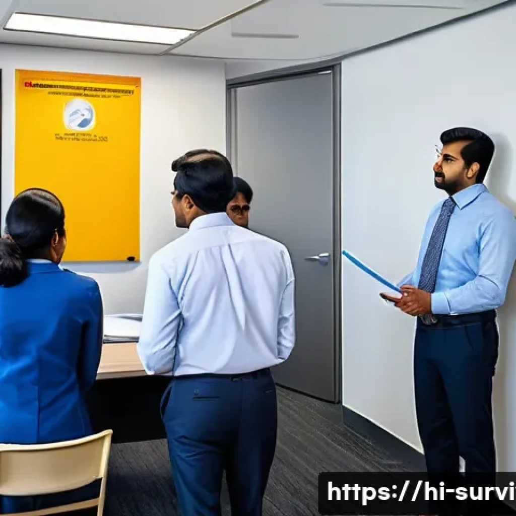재난 대비 기업 안전 매뉴얼 - A detailed office scene showing a diverse group of Indian employees attending a comprehensive safety...