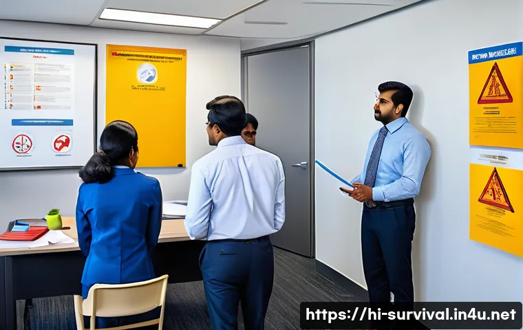 재난 대비 기업 안전 매뉴얼 - A detailed office scene showing a diverse group of Indian employees attending a comprehensive safety...