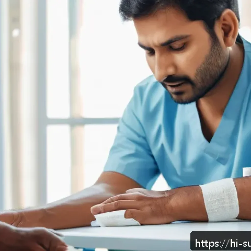 물리적 상처 응급처치 - A detailed medical scene showing a calm and safe environment where a Hindi-speaking adult male is as...