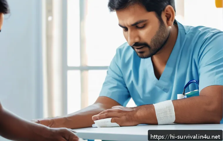 물리적 상처 응급처치 - A detailed medical scene showing a calm and safe environment where a Hindi-speaking adult male is as...