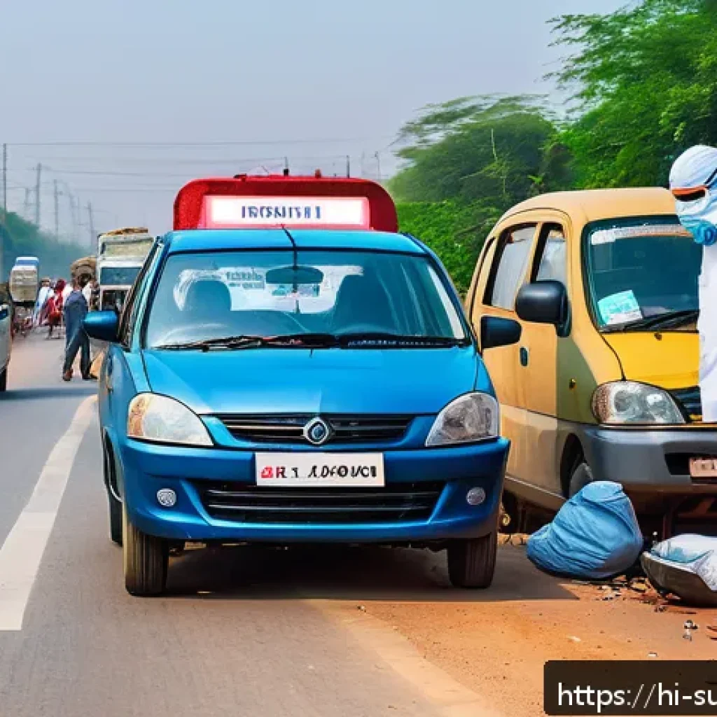 사고 발생 시 사고 기록법 - A detailed scene at an accident site on a busy Indian road, showing a cautious driver stopping their...
