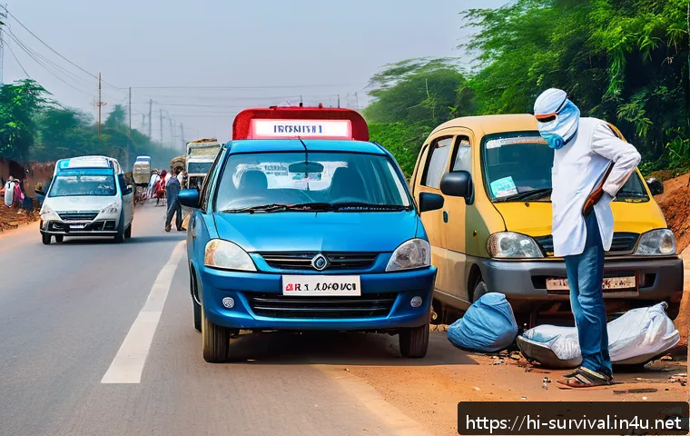 사고 발생 시 사고 기록법 - A detailed scene at an accident site on a busy Indian road, showing a cautious driver stopping their...