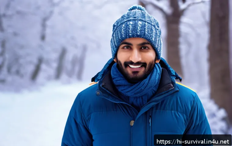 빙하 지역 생존법 - A detailed winter outdoor scene featuring a Hindi-speaking adult wearing multiple clothing layers: a...