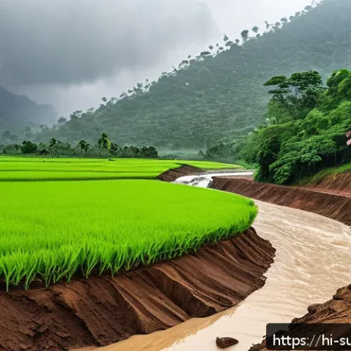 산사태 대비 생존법 - A detailed scene showing a rural Indian landscape during heavy monsoon rains, with dark, wet soil ex...