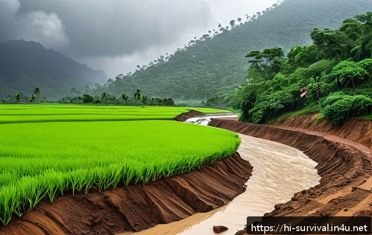 산사태 대비 생존법 - A detailed scene showing a rural Indian landscape during heavy monsoon rains, with dark, wet soil ex...