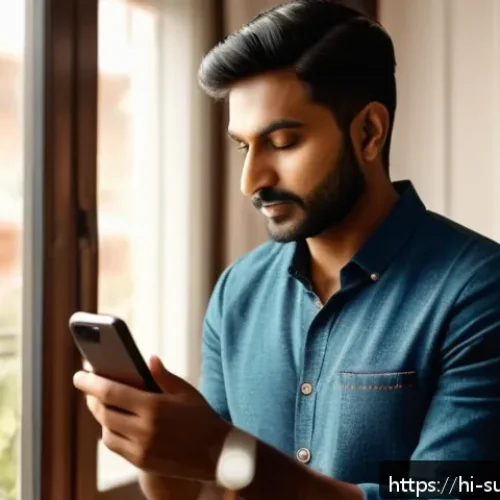 핸드폰 생존 팁 - A modern Indian man in casual clothing adjusting the screen brightness on his smartphone in a cozy l...