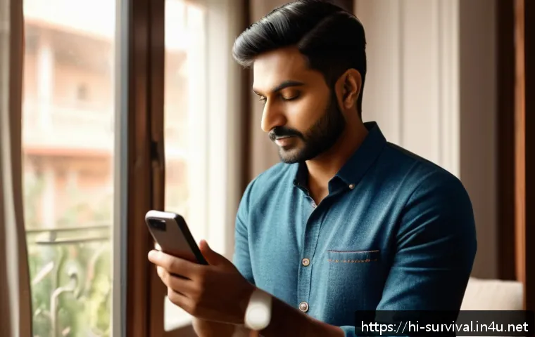 핸드폰 생존 팁 - A modern Indian man in casual clothing adjusting the screen brightness on his smartphone in a cozy l...