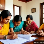긴급 연락처 관리법 - A detailed, vibrant scene of a Hindi-speaking Indian family gathered around a kitchen table reviewin...