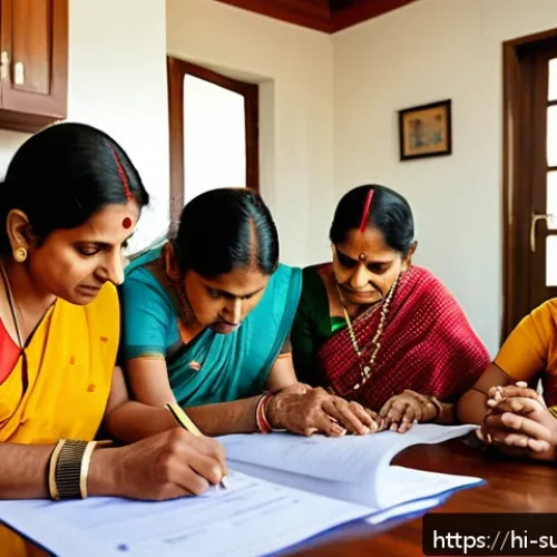 긴급 연락처 관리법 - A detailed, vibrant scene of a Hindi-speaking Indian family gathered around a kitchen table reviewin...