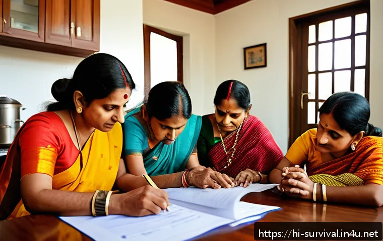 긴급 연락처 관리법 - A detailed, vibrant scene of a Hindi-speaking Indian family gathered around a kitchen table reviewin...