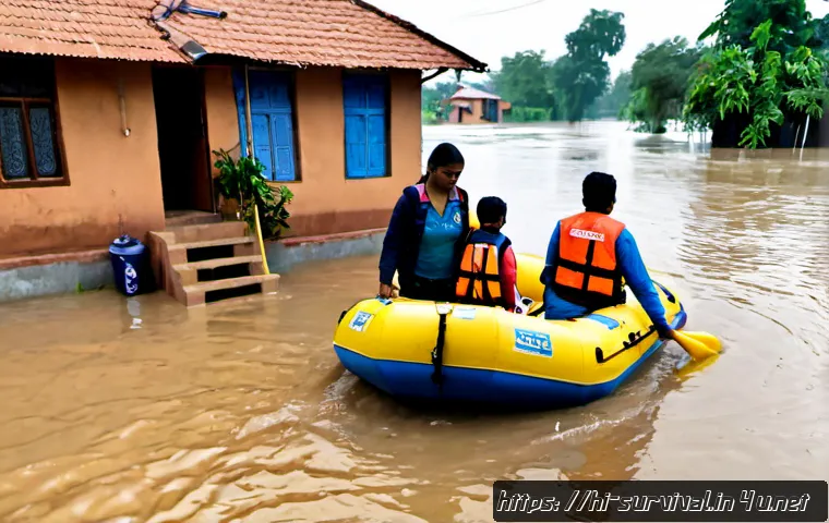 수상 재난 발생 시 대처법 - Photorealistic emergency response scene during urban flooding in India, a calm Indian family wearing...